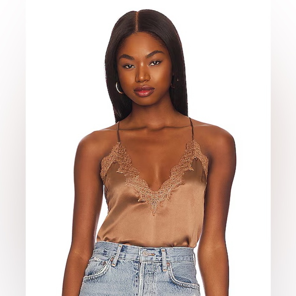 Cami NYC Brown Lace Trim Satin Top